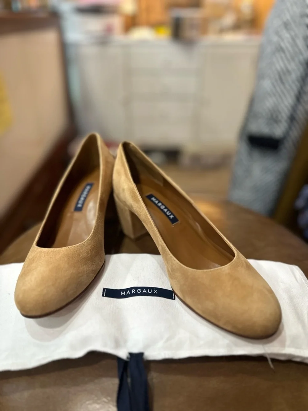 Margaux Tan Suede Round-Toe Block Heels size 6 worn once - Picture 3 of 6